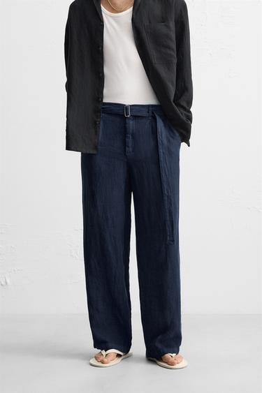 100% LINEN TROUSERS WITH BELT - Blue by Zara