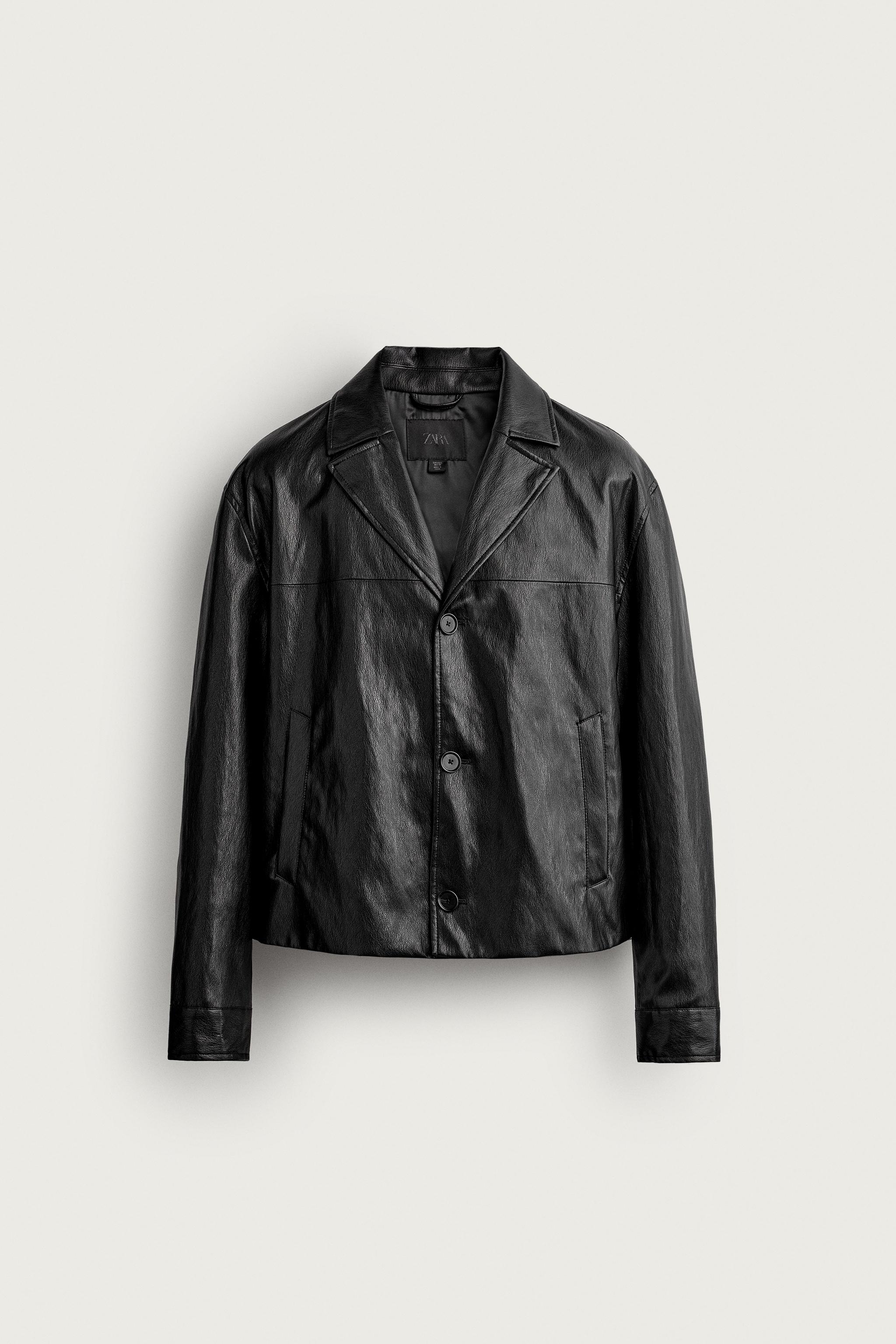 CROPPED FAUX LEATHER JACKET — Black