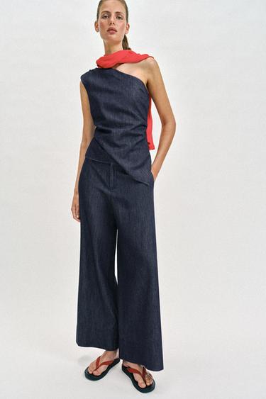 LINEN BLEND WIDE-LEG TROUSERS - Indigo by Zara