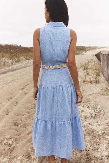 MIDI DRESS WITH BELT LINEN BLEND - Blue by Zara - Image 3