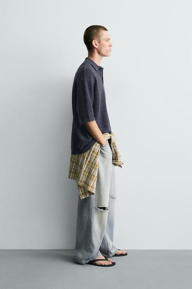 WASHED TEXTURED RELAXED FIT KNIT POLO SHIRT - Navy blue by Zara - Image 3