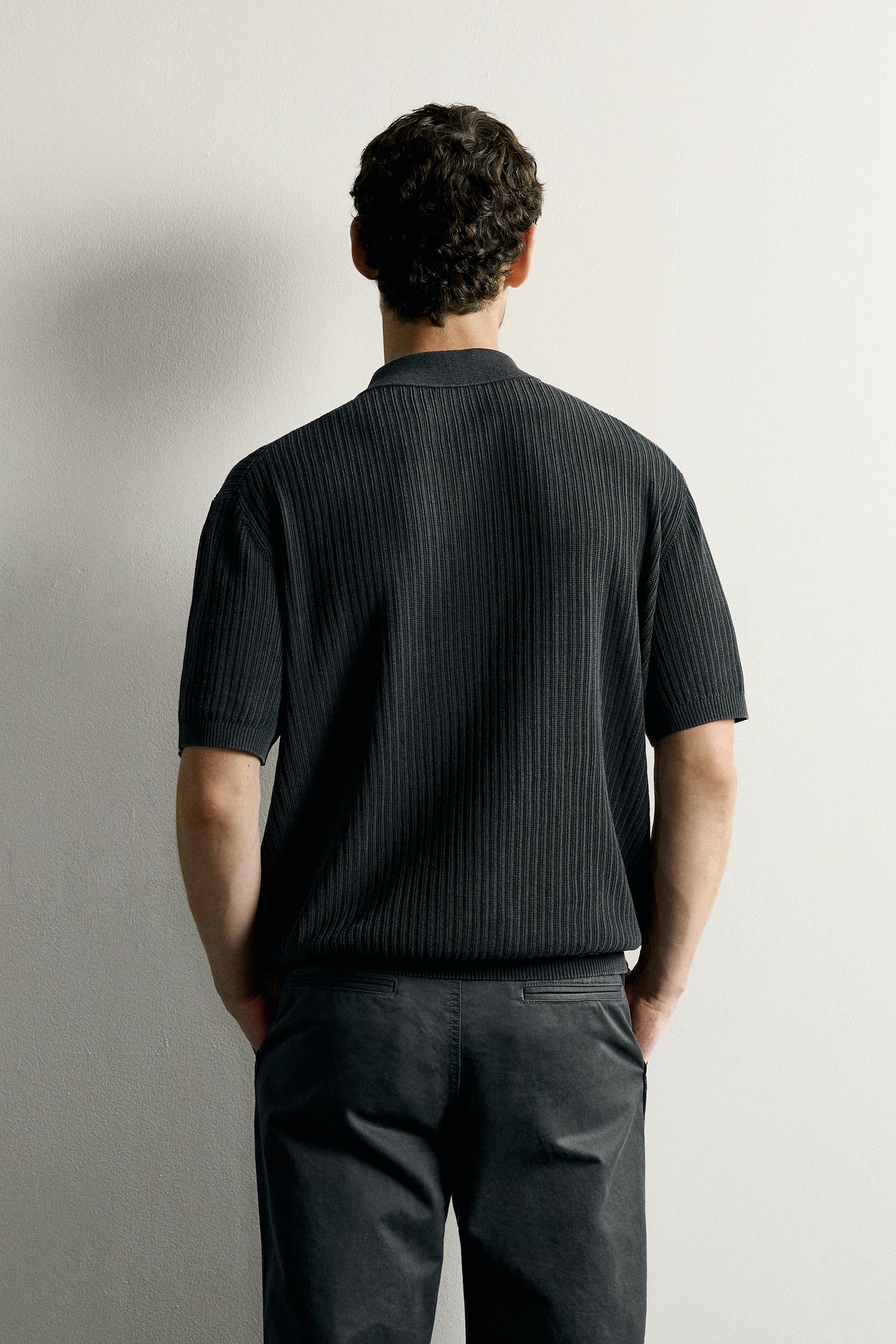 Мужское поло Zara Regular Fit Textured Knit Polo, цвет: Выцветший чёрный — фото 3