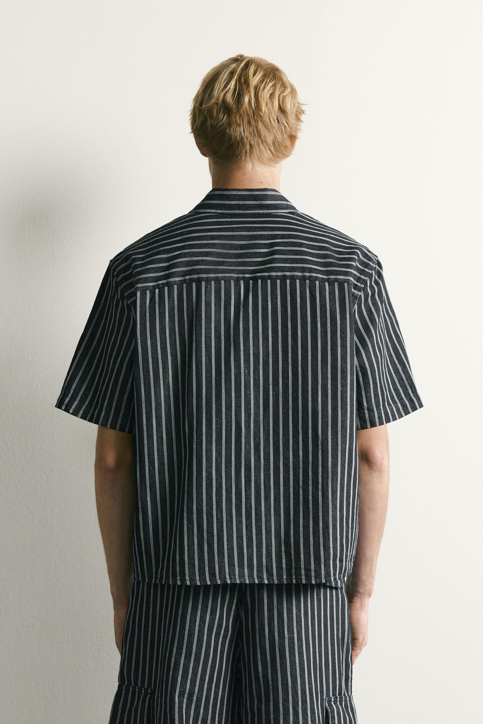 Мужские рубашки Zara STRIPED COTTON-LINEN DENIM SHIRT — фото 3