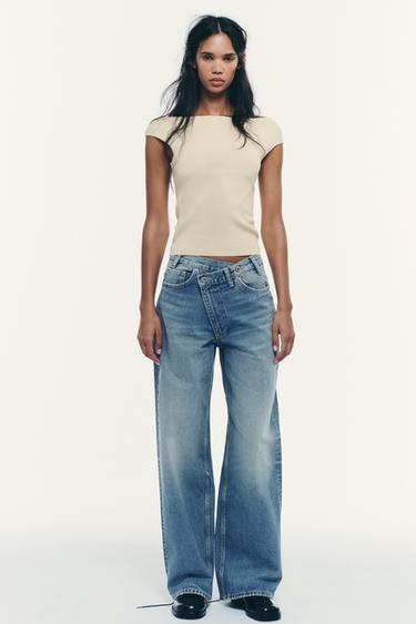 Zara TRF HIGH WAIST CROSSOVER WAIST WIDE LEG JEANS - Blue