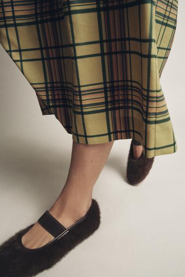 Zara FUR BALLET FLATS - Chocolate Brown