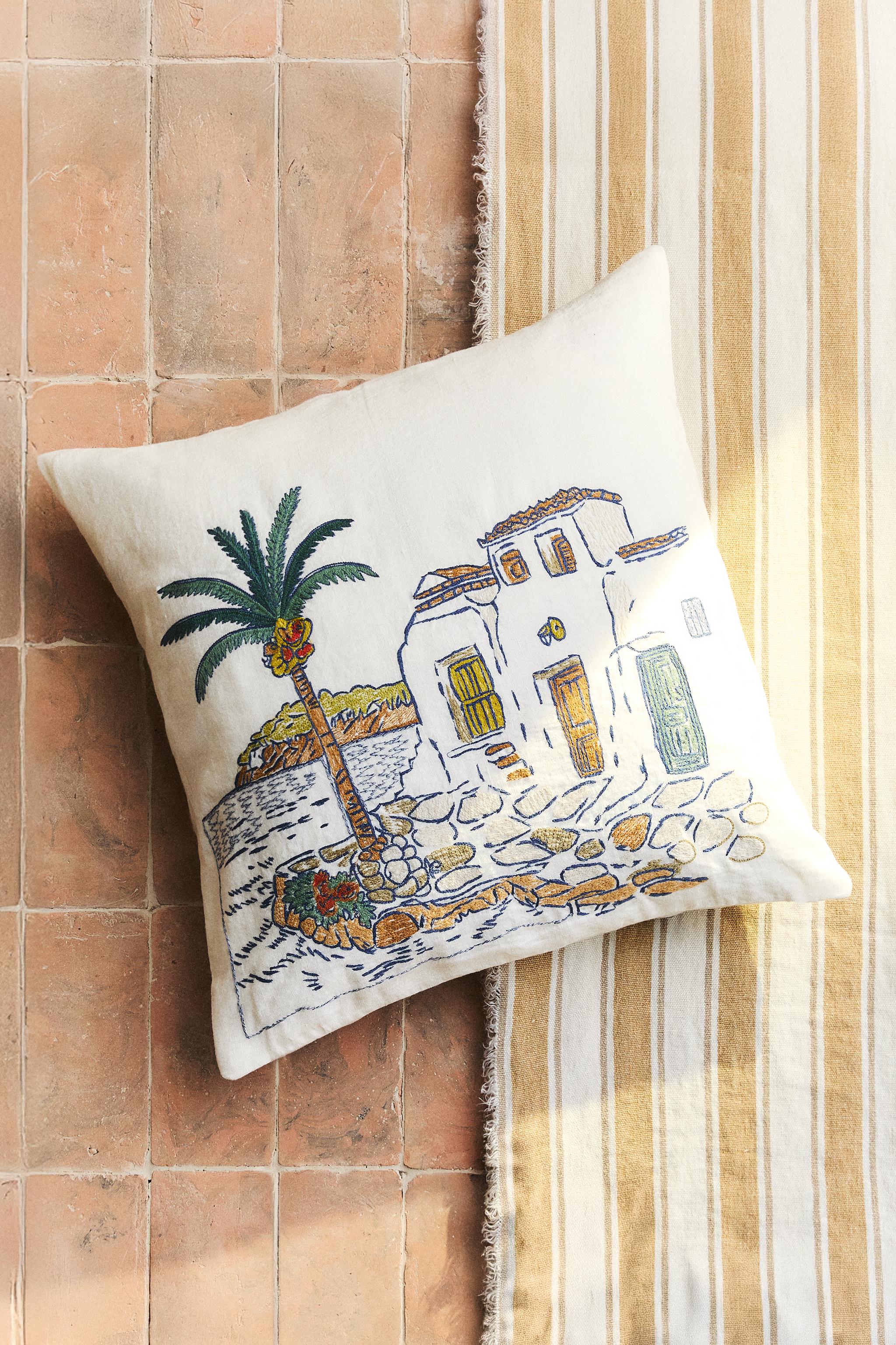 EMBROIDERED HOUSES THROW PILLOW COVER