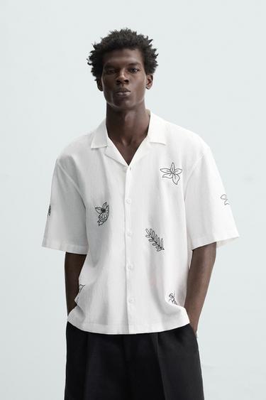 Zara EMBROIDERED COTTON LINEN SHIRT - White
