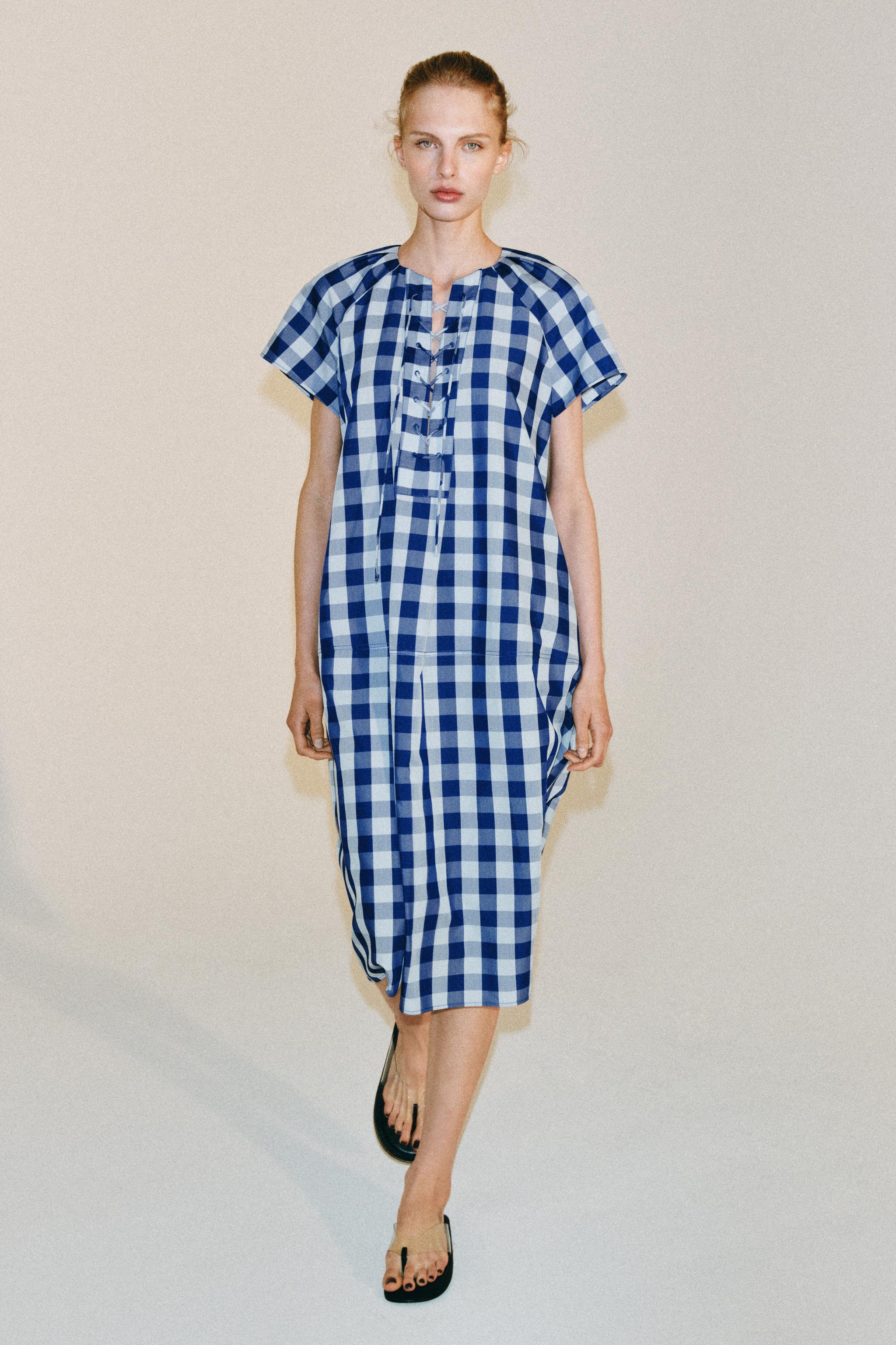でんページ СУКНЯ ZW COLLECTION У КЛІТИНКУ З ЗАВ'ЯЗКАМИ - Блакитний | ZARA