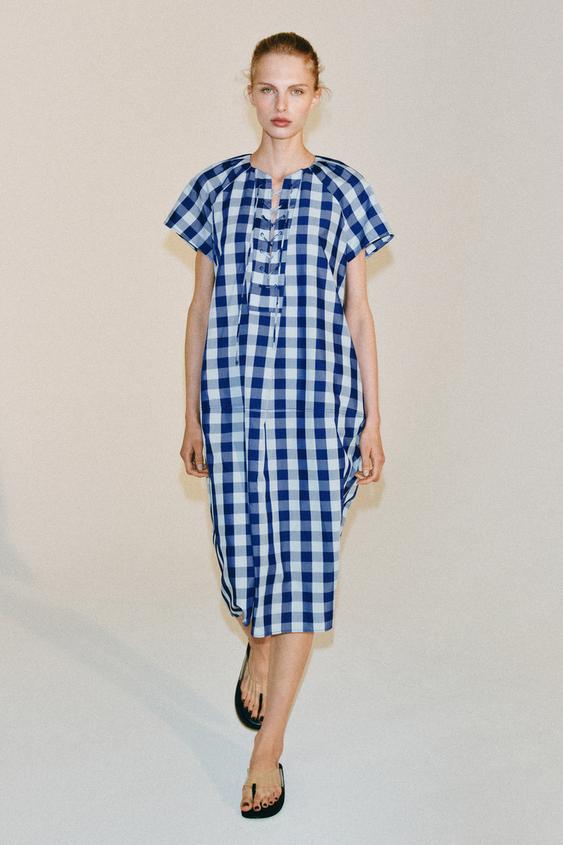 VESTIDO CUADROS LAZADAS ZW COLLECTION - Azul de Zara - Imagen 0