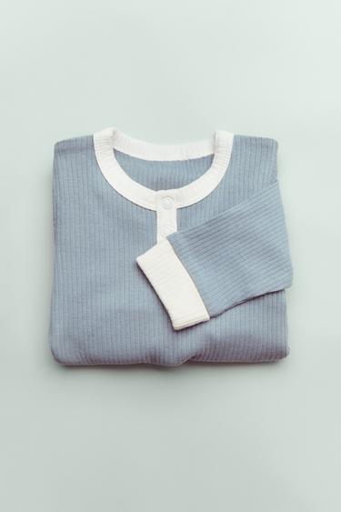 Zara 0-18 MONTHS/ CONTRAST ONE-PIECE PAJAMAS - Blue / Gray