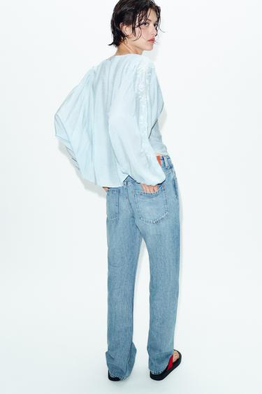 CONTRAST EMBROIDERED BLOUSE - Pastel blue by Zara - Image 4