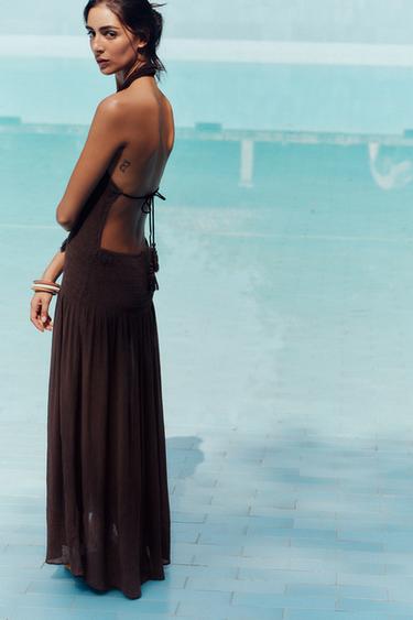 NECKHOLDER-KLEID MIT GESMOKTEM EINSATZ - Braun von Zara