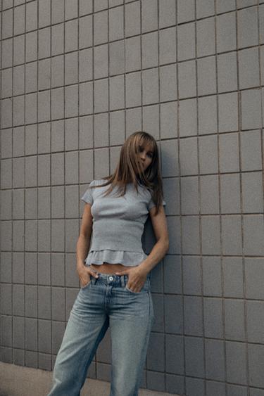 טי שירט עם שכבה כפולה מסריג עבה - אפור צהבהב של Zara - תמונה 0