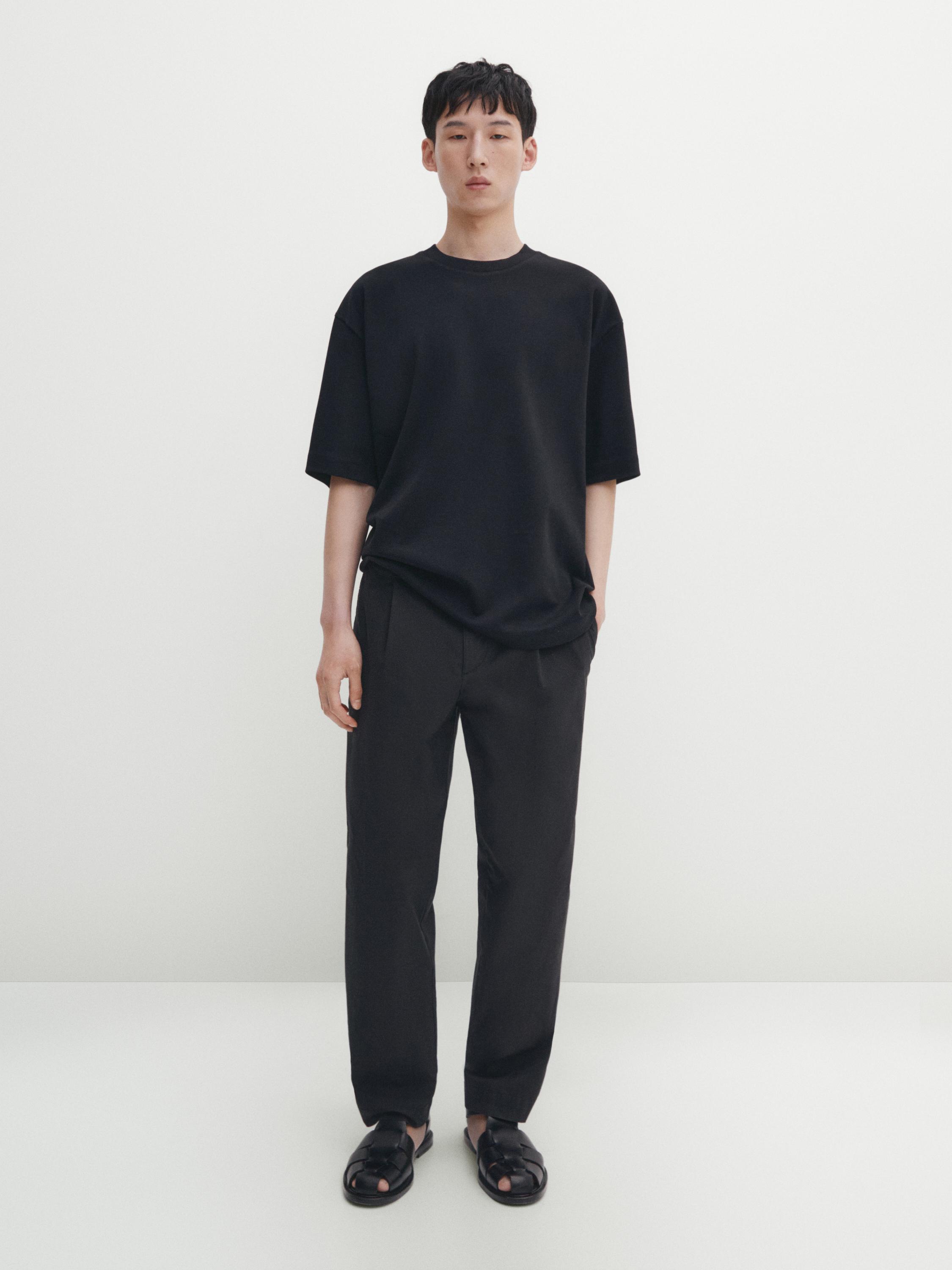 Drop-shoulder cotton T-shirt with a crew neck - Black | ZARA 