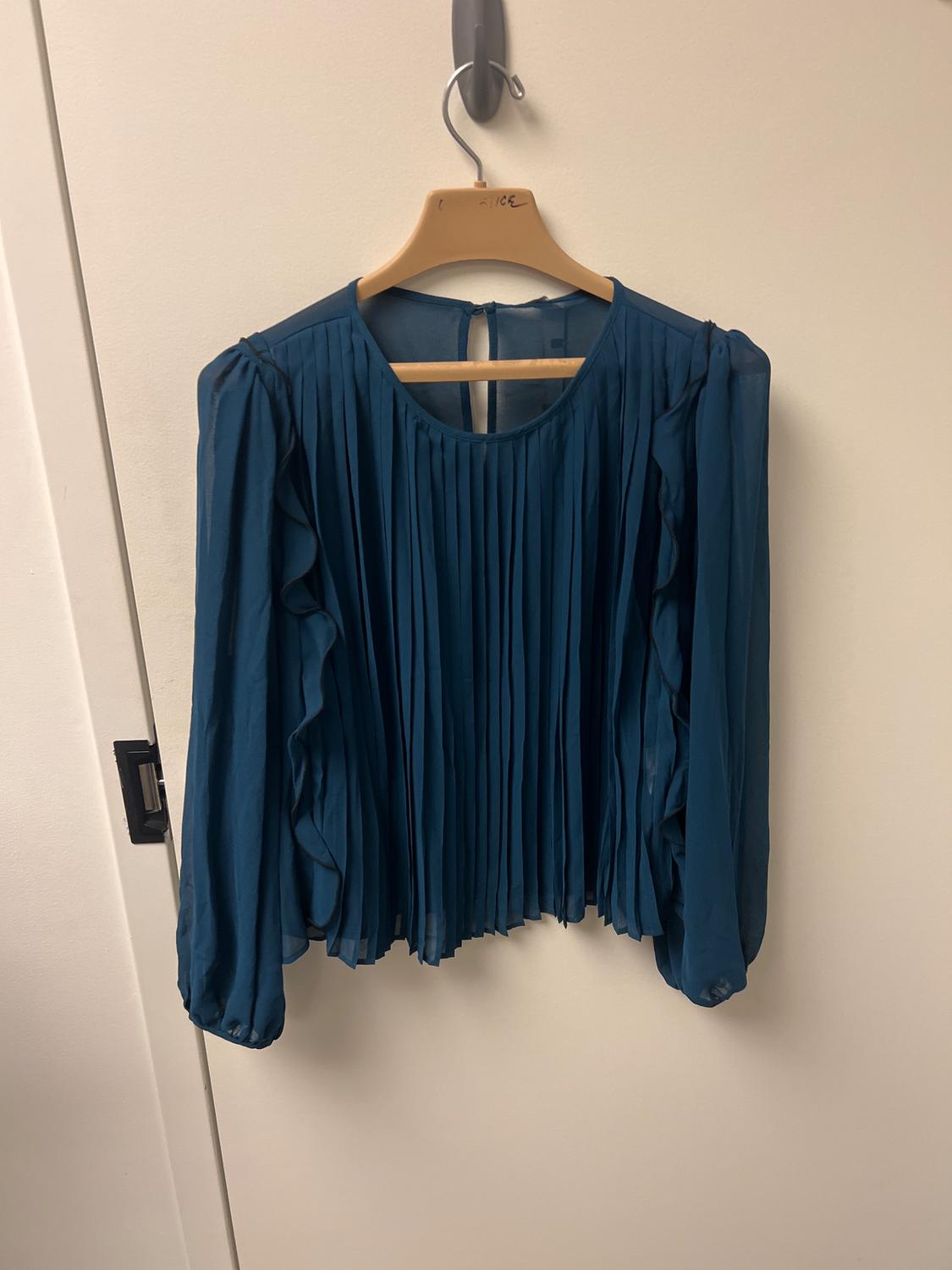 Blue long-sleeved blouse with pleats hanging on a wooden hanger over a white door.
