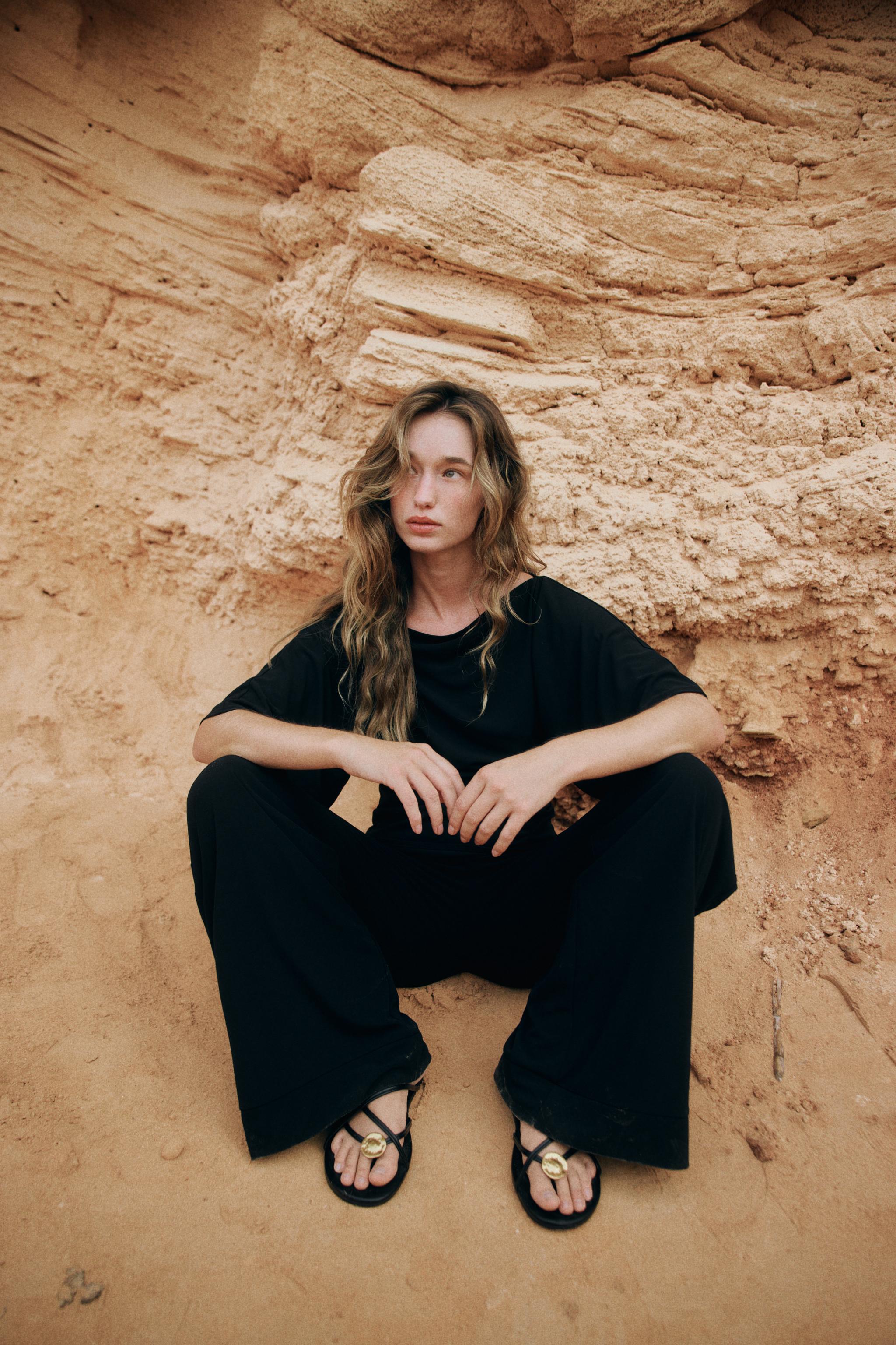 STRAIGHT LEG CREPE PANTS WITH OPENINGS — Black