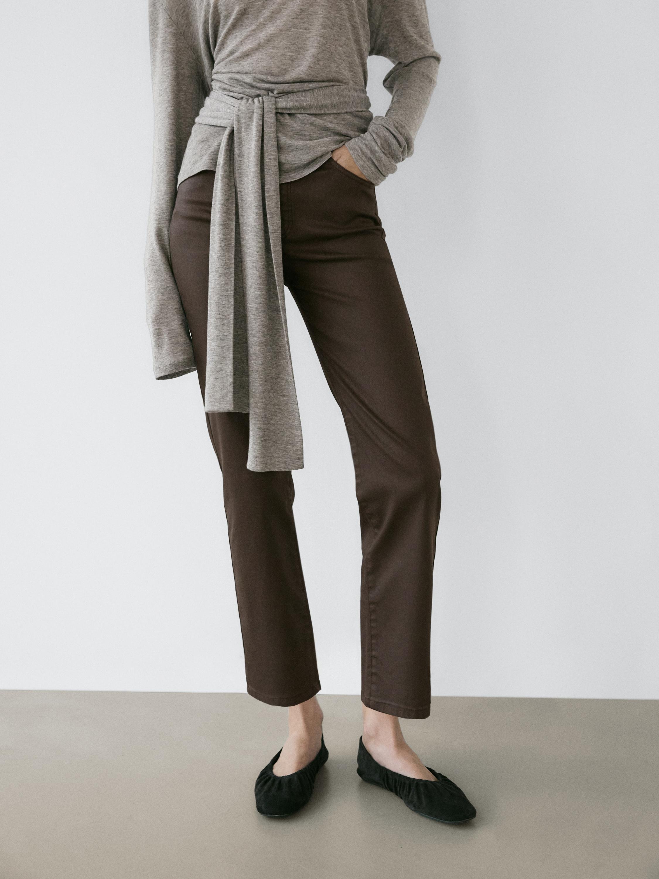 High-waist straight-leg waxed trousers