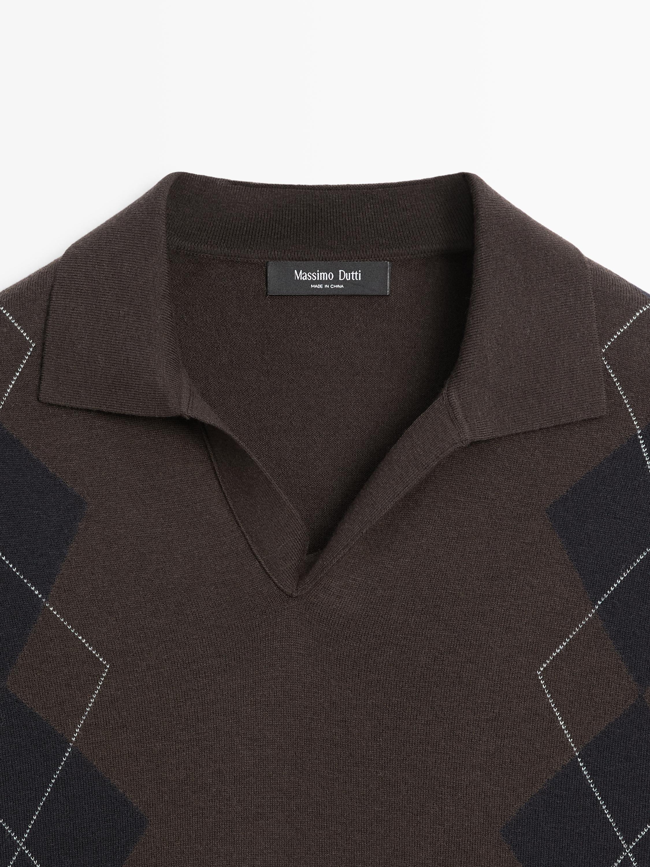 Wool blend argyle knit polo sweater