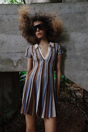 ROBE À RAYURES COL POLO - Marron-Bleu de Zara - Image 4