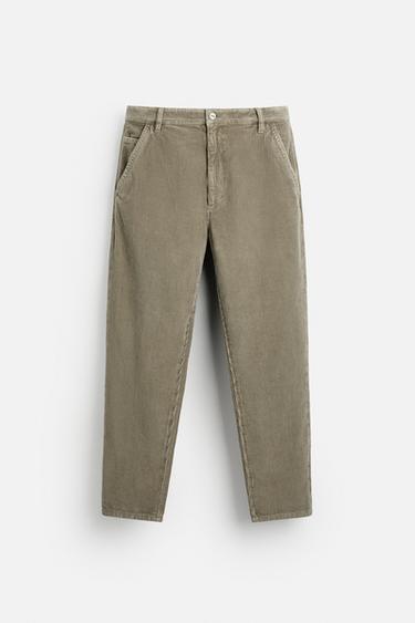 Zara TAPERED CORDUROY PANTS - Khaki