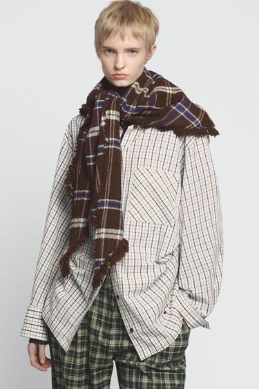 WOOL BLEND PLAID TRIANGULAR SCARF — Brown 1