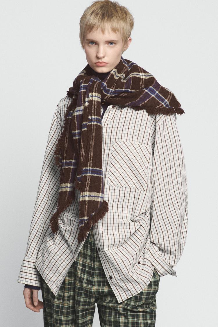 WOOL BLEND PLAID TRIANGULAR SCARF — Brown
