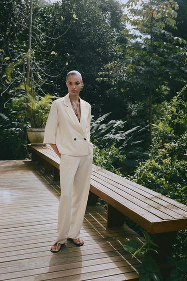 Zara 直筒彈性腰身長褲 - 裸色