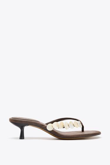 Zara BEADED KITTEN HEEL SANDALS - Brown