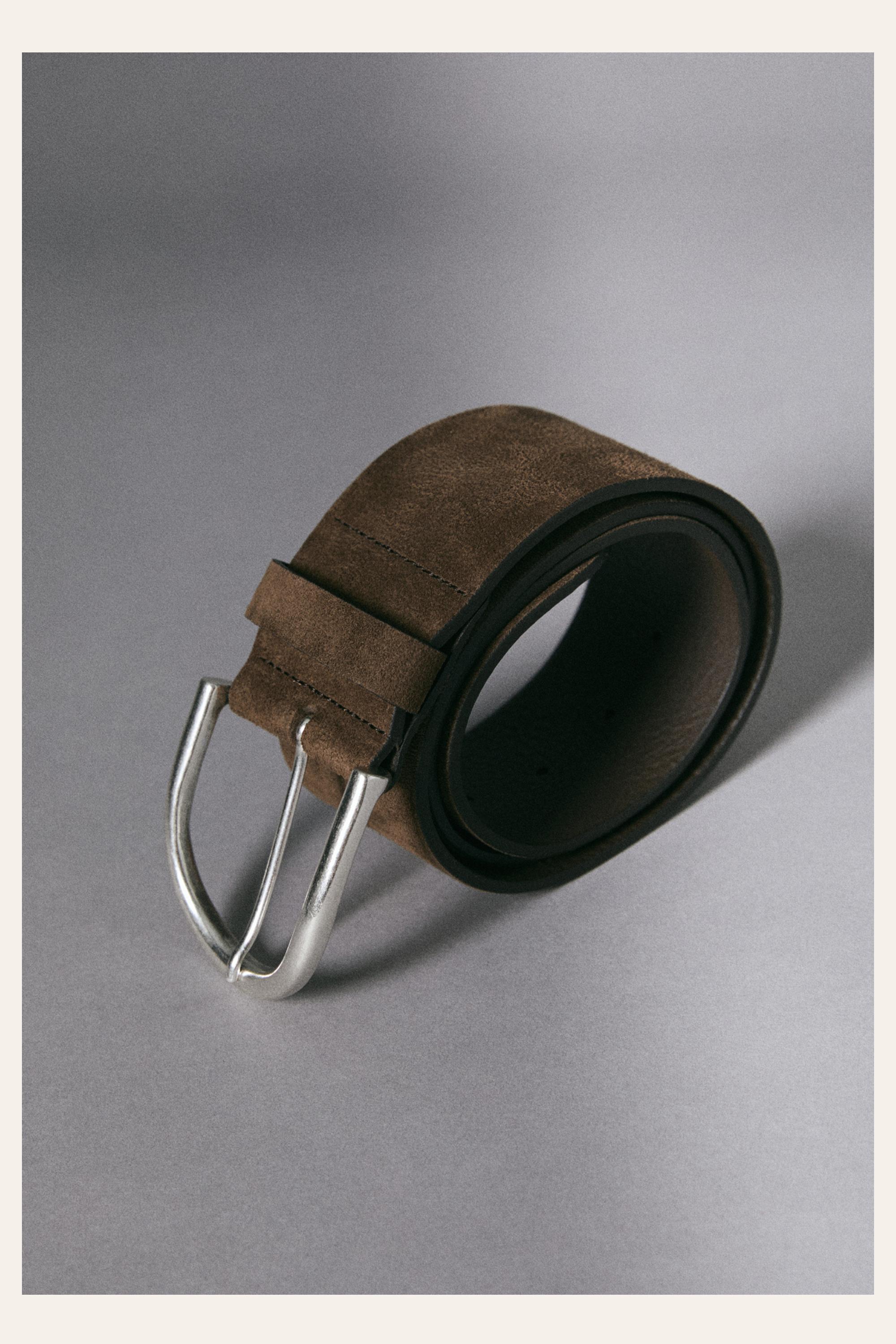 Split suede leather belt with metallic buckle — Khaki
