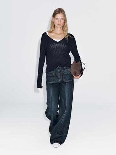 Zara V-neck cable-knit sweater - Navy blue