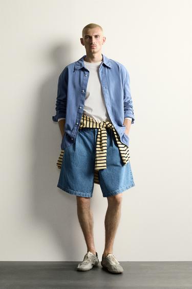 Zara 寬鬆版型打褶牛仔休閒短褲 - 藍色 - 圖片 0