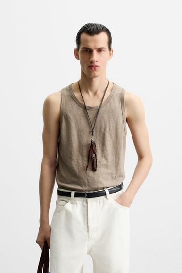 100% LINEN VEST TOP - Brown by Zara