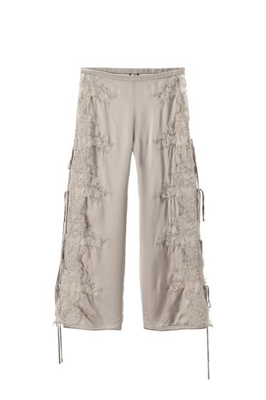 SATIN TROUSERS WITH LACE TRIM AND VENTS - Grey by Zara