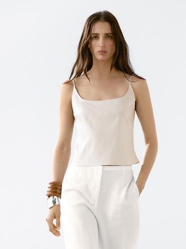 Top tirantes con lino - Blanco / Rosa de Zara