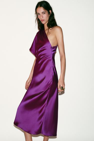 ASYMMETRIC SATIN MIDI DRESS - Purple by Zara