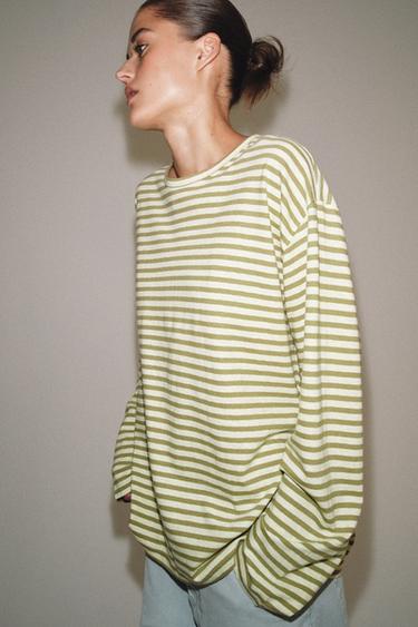 Zara COTTON AND LINEN STRIPED T-SHIRT - Beige / Taupe brown