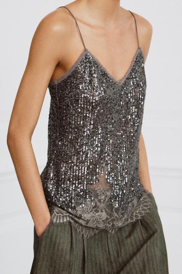 TOP À BRETELLES PAILLETTES ZW COLLECTION - Argent foncé de Zara - Image 3
