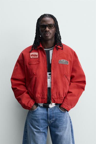 Zara BOXY FIT PATCH JACKET - White / Red