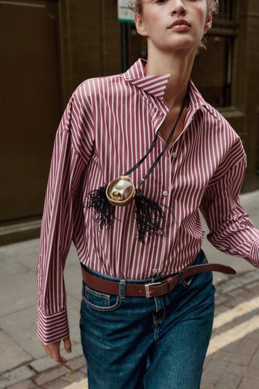 STRIPED POPLIN SHIRT - Burgundy by Zara