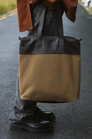 SHOPPER BAG WITH LEATHER DETAILS - Beige by Zara