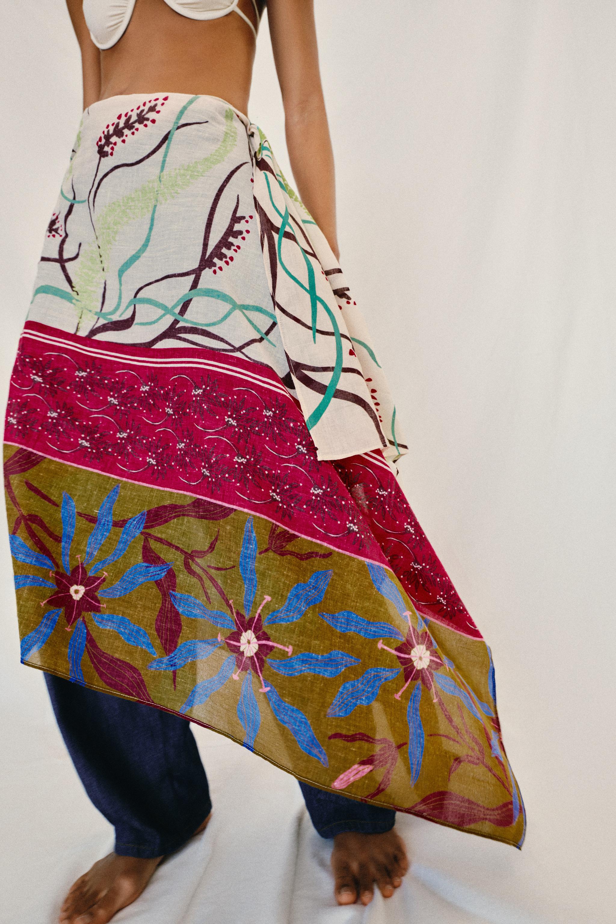 LINEN BLEND PRINTED SCARF — Multicolored