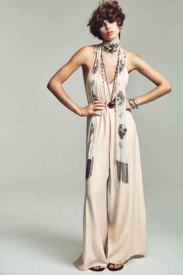 Zara TEXTURED FLOWY LONG JUMPSUIT - Ivory