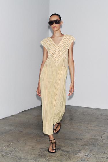 ROBE PLISSÉE BRODÉE ZW COLLECTION - Jaune de Zara - Image 2