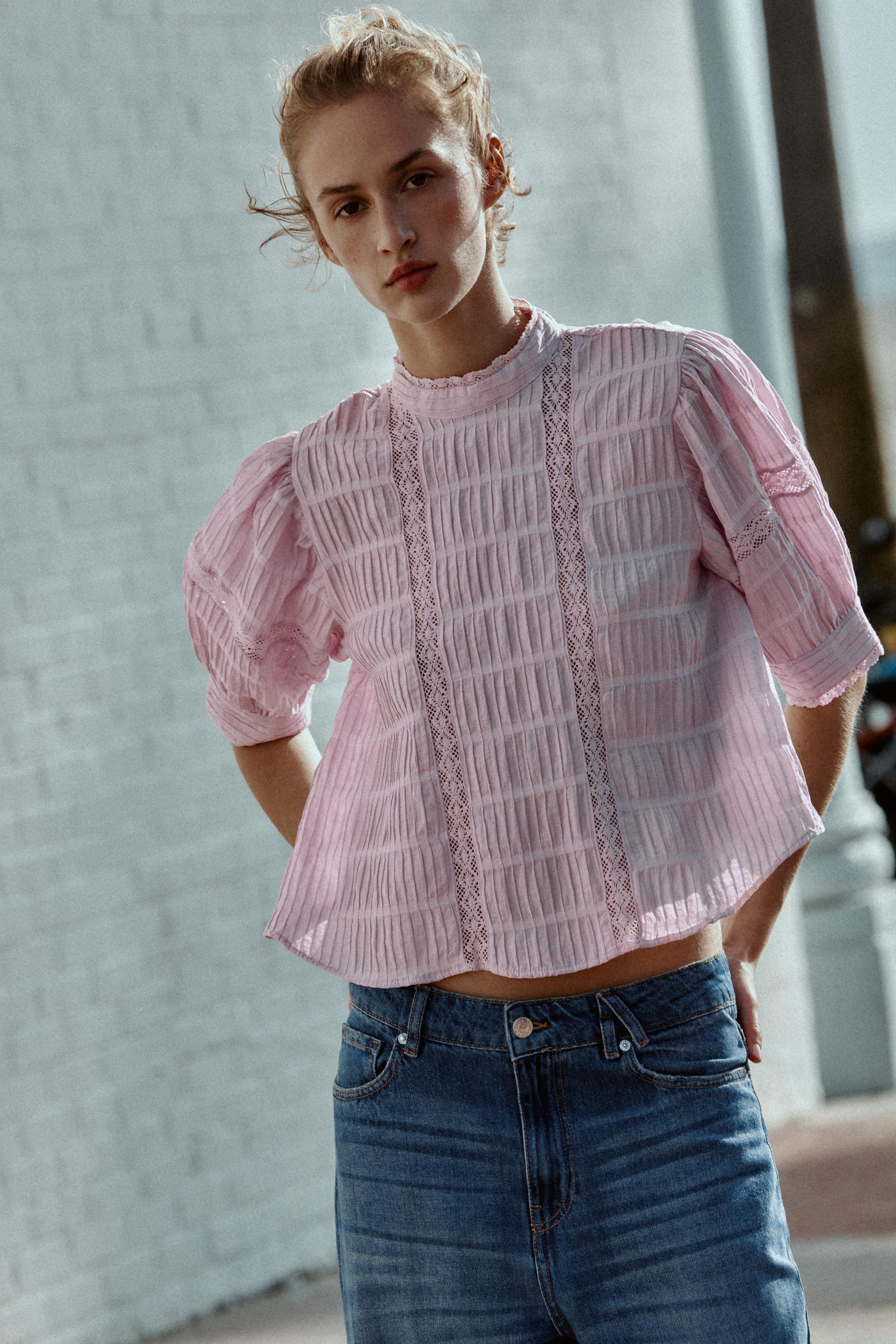 BALLOON SLEEVE LACE TRIM SHIRT