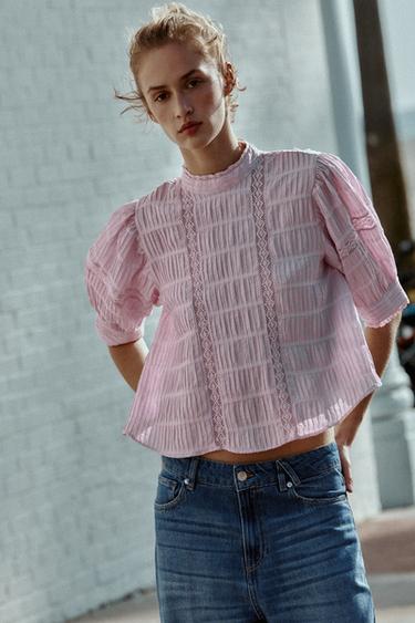 LACE TRIM BALLOON SLEEVE SHIRT - Pink by Zara