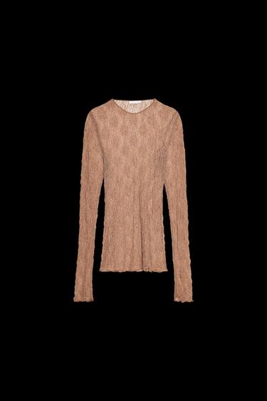 Zara LACE LONG SLEEVE TOP - Dark tan - Image 0