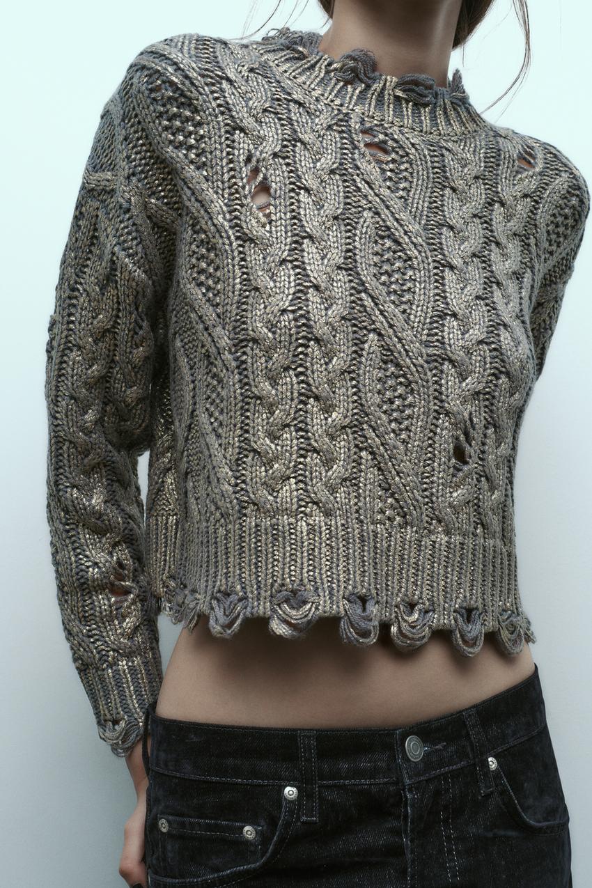 CABLE KNIT METALLIC SWEATER - Blue / Gray