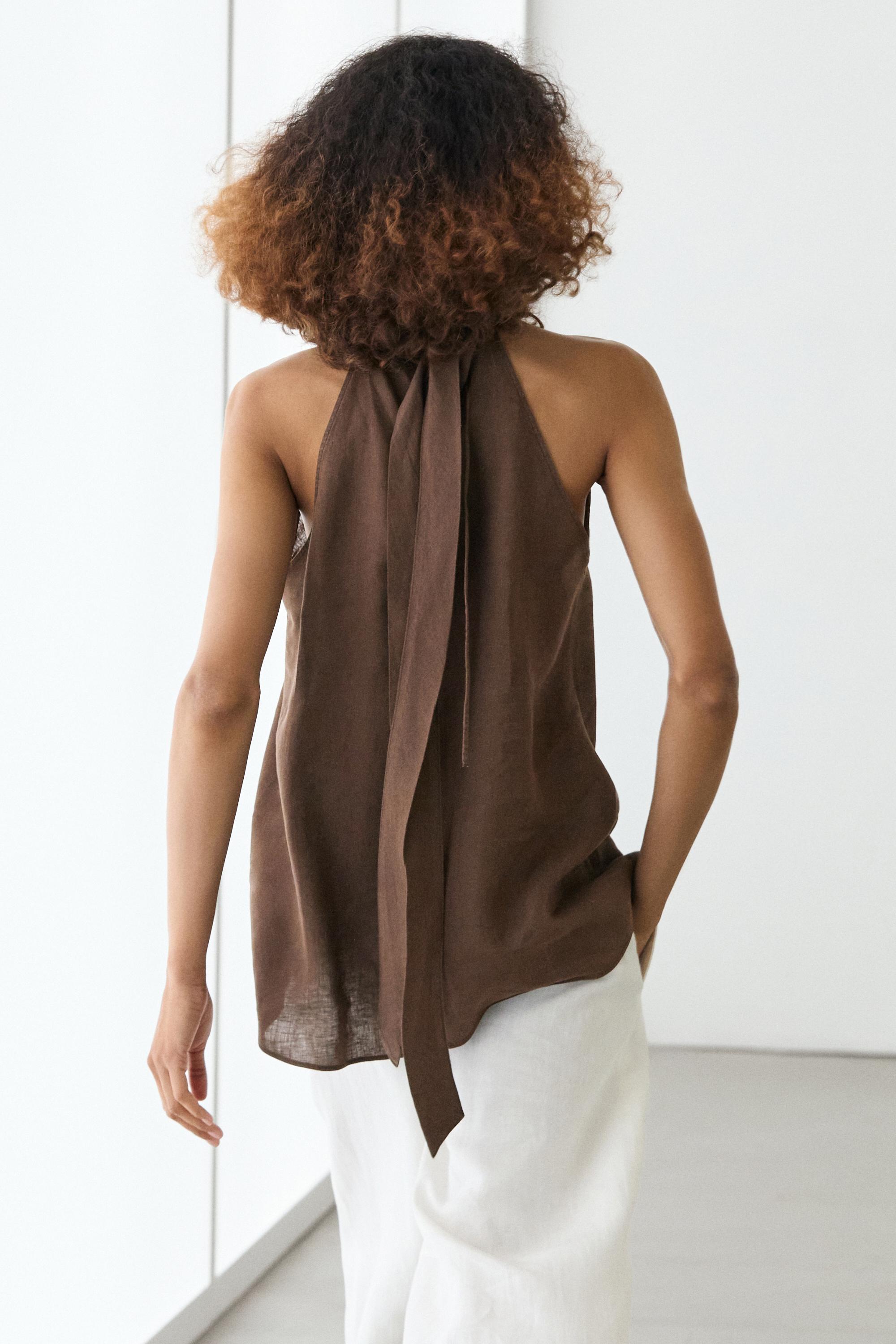100% linen flowing halter top — Brown