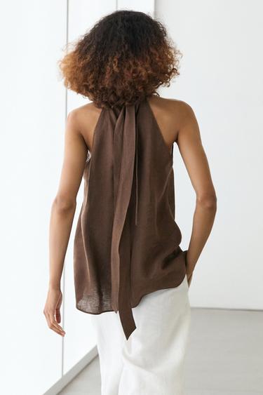 Zara 100% linen flowing halter top - Brown