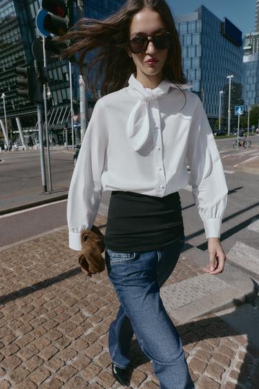 POPLIN SHIRT WITH BOW - White by Zara - Image 3